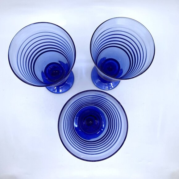 3 Vintage Libbey Ribbed Water Glasses Sirrus Cobalt Blue 7 3/8" Tall Goblet Wine - Picture 3 of 9